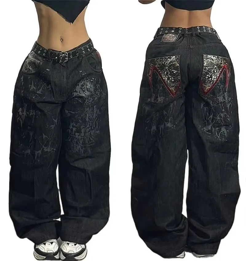 American Retro Hip-Hop Cherry Blossom Dragon Embroidery Baggy