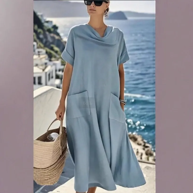 

2025 New Fashionable Casual Women's Solid Color Swing Collar Short Sleeved Cotton Linen Dress Long Skirt