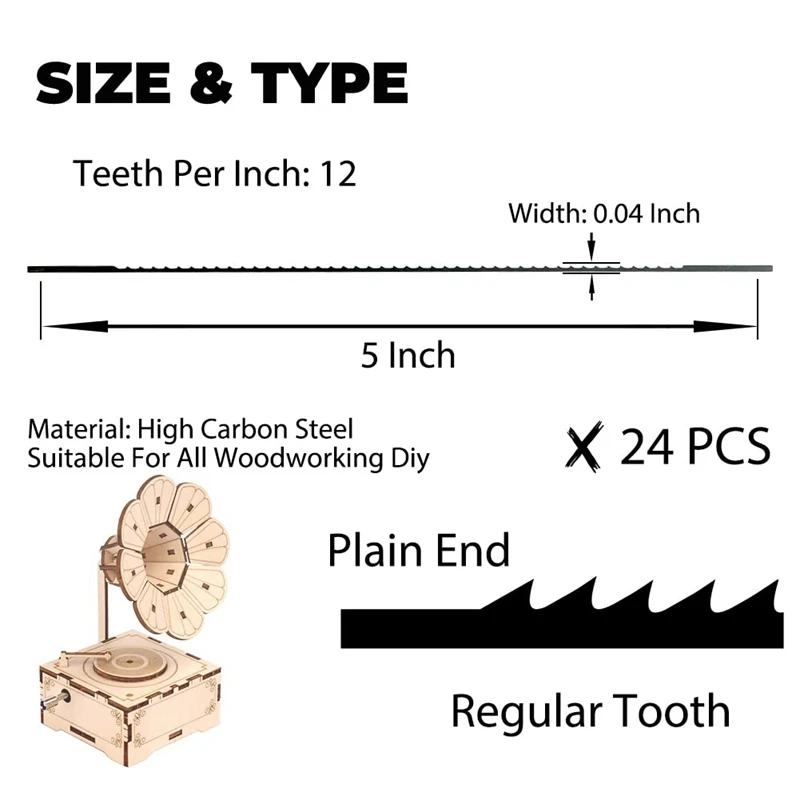 Scroll Saw Blades Plain End 5 Inch 24PCS 12 TPI Regular Tooth For Woodworking DIY