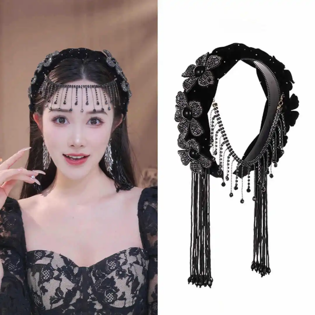 

Модный обруч для волос с цветком, аксессуары для женщин, черная кисточка, широкая повязка для волос, головной убор, вечерние праздничные тиары