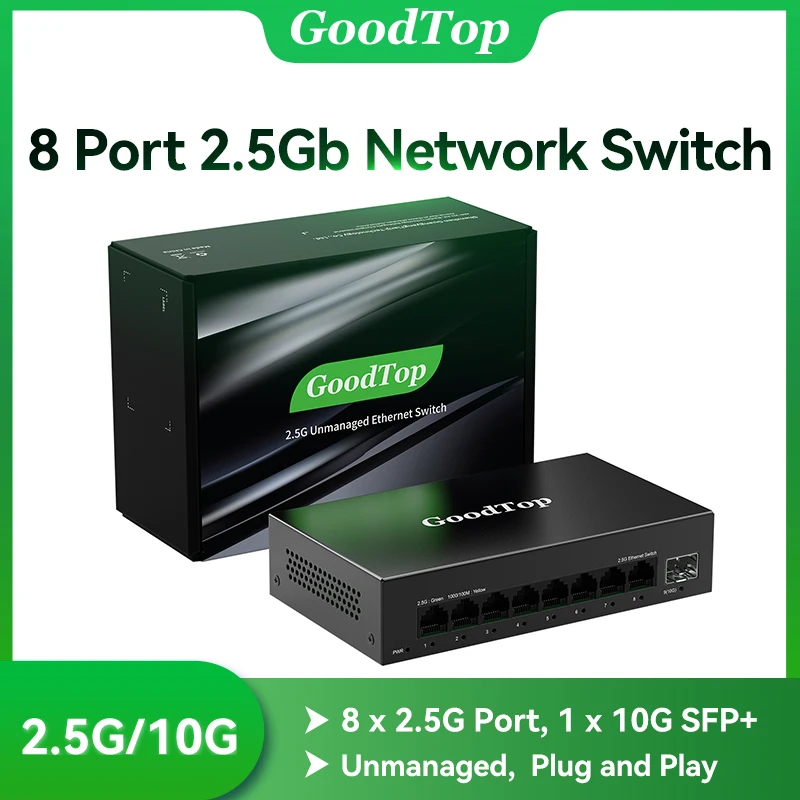 GoodTop 8 Port 2.5GbE Unmanaged Switch 2.5GBASE-T Network Switch with 10G SFP+ Port Plug &Play Fanless Homelab Ethernet Switch