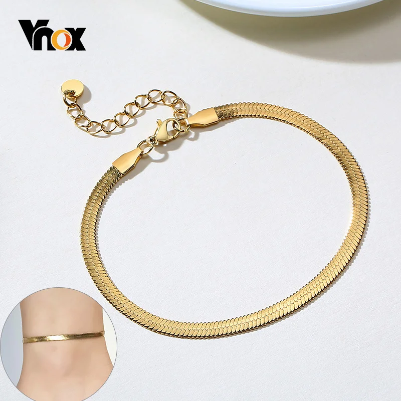 Vnox Elegant Flat Snake Chain Anklet for Women Gold Color Metal Adjustable Herringbone Link Chain Holiday Beach Bracelet on Leg