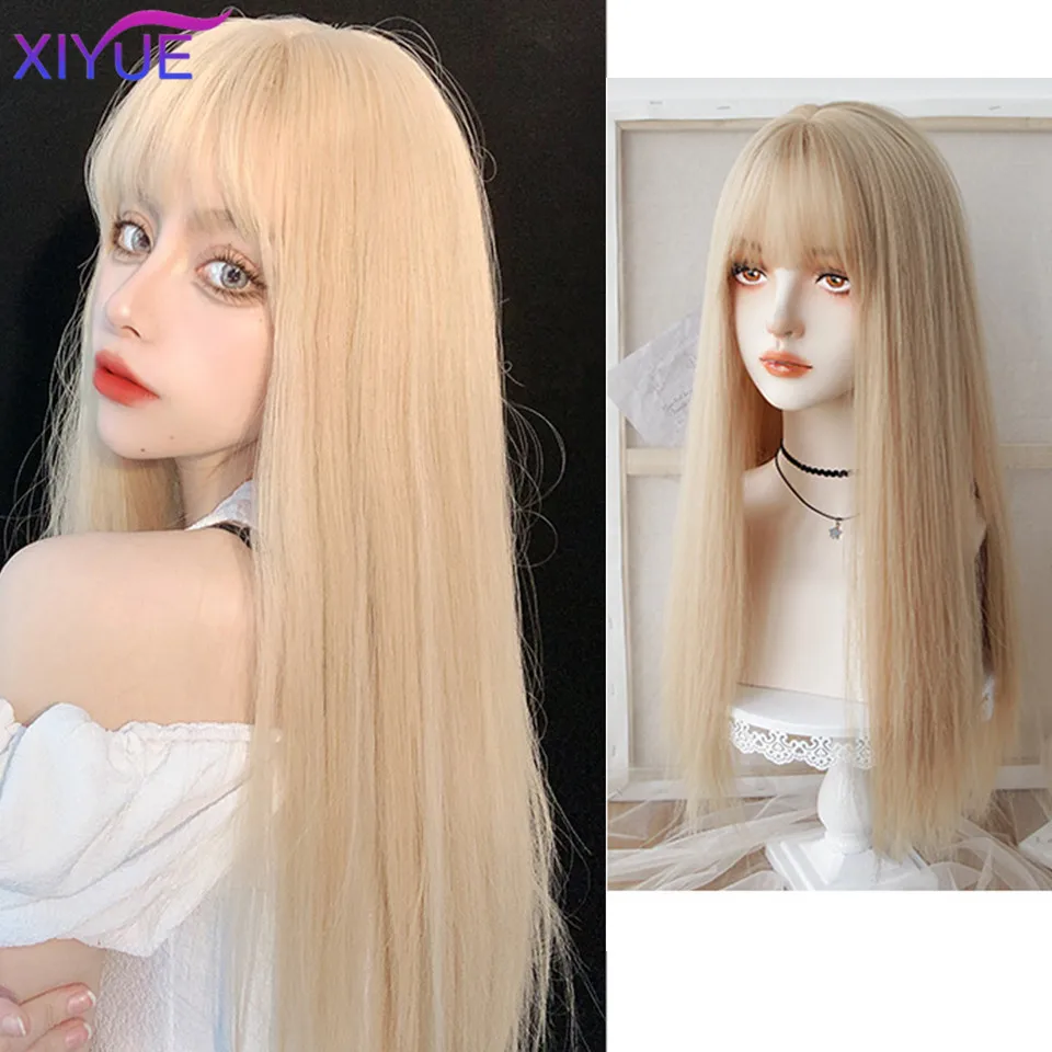 

XIYUE Long Natural Wavy Platinum Blonde Wigs with Bangs Cosplay Party Lolita Synthetic Wigs for Women Heat Resistant Fiber