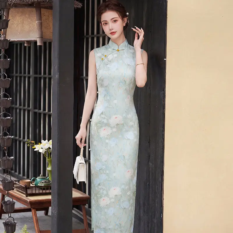 Blue Sleeveless Chinese Style Suzhou Long Cheongsam Improved Young Style 2026 New Female Dress Qipao