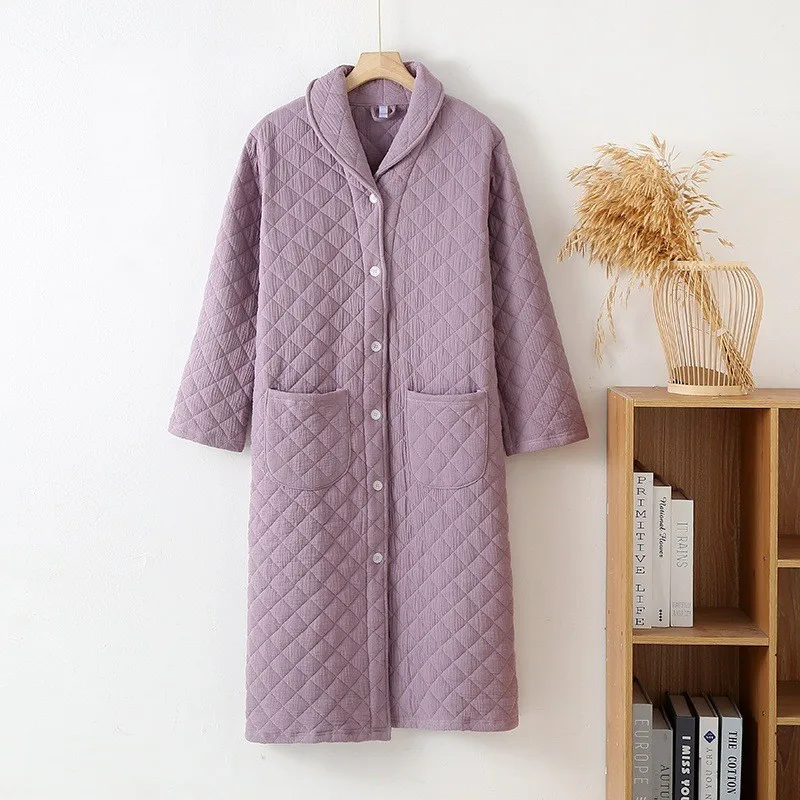 2024 Autumn Winter Women Warm Cotton with Filler Robe Ladies Bathrobe Female Long Sleeve Dressing Gown Robes Simple Home Clothes