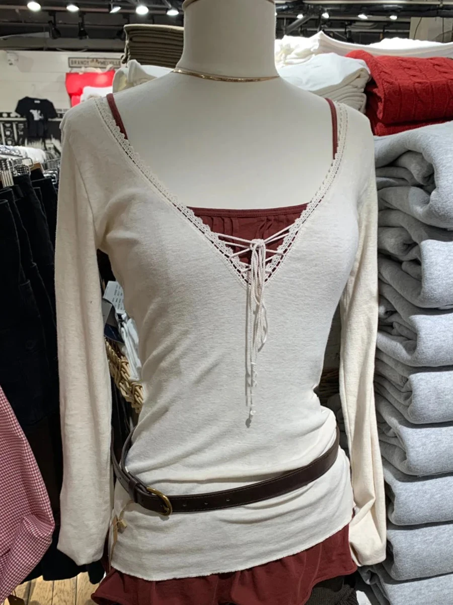 

Женские футболки с кружевной отделкой и длинным рукавом, осенние, на шнуровке, облегающие, сексуальные, милые, в стиле преппи, шикарные