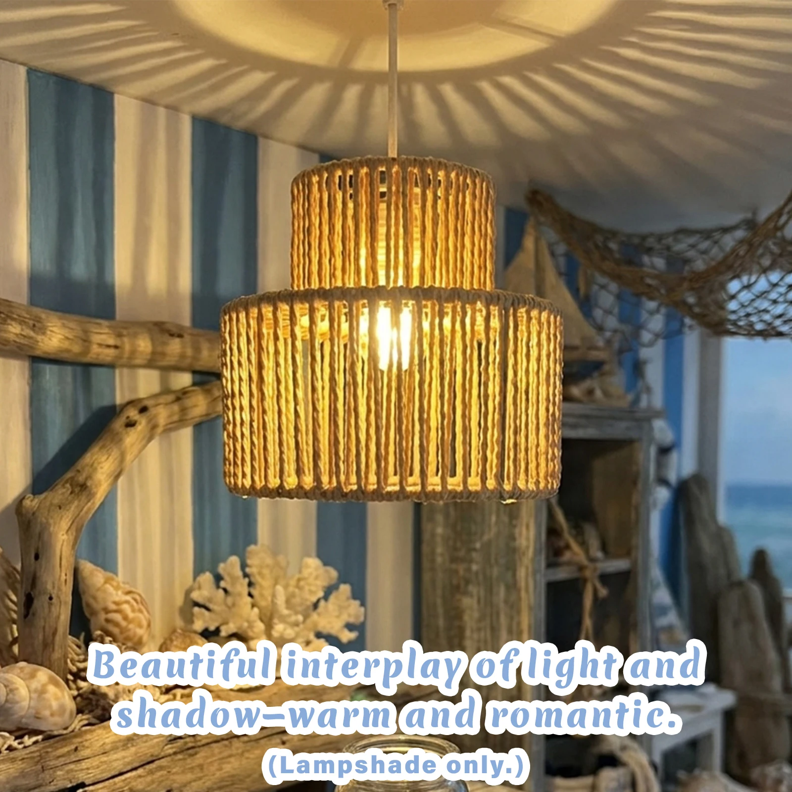 Boho 2‑Layer Cylindrical Jute Lampshade, Handwoven Replacement Shade for Ceiling Pendant & Wall Sconce, Coastal Home Decor