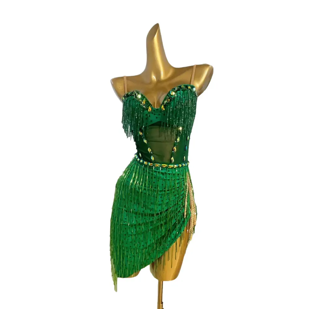 Latin Dance Competition Women's High-end Customized Pearl Tube Tassel Sheer Suspender Tango Samba Performance Rhinestone Dress