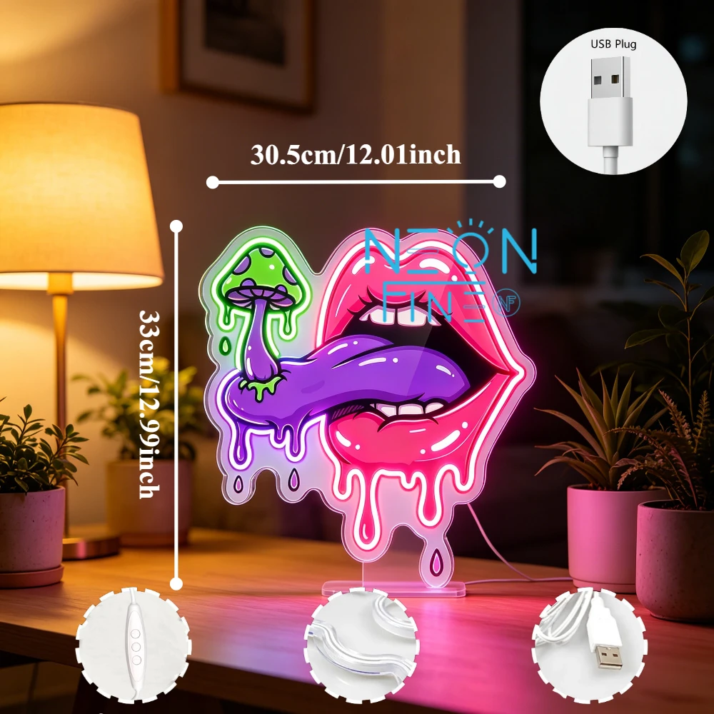 Lips Tongue Neon Sign Drool Mushroom LED Neon Light Sign for Wall Decor LED for KTV Bar Pub Man Cave Bedroom Party Wedding Decor