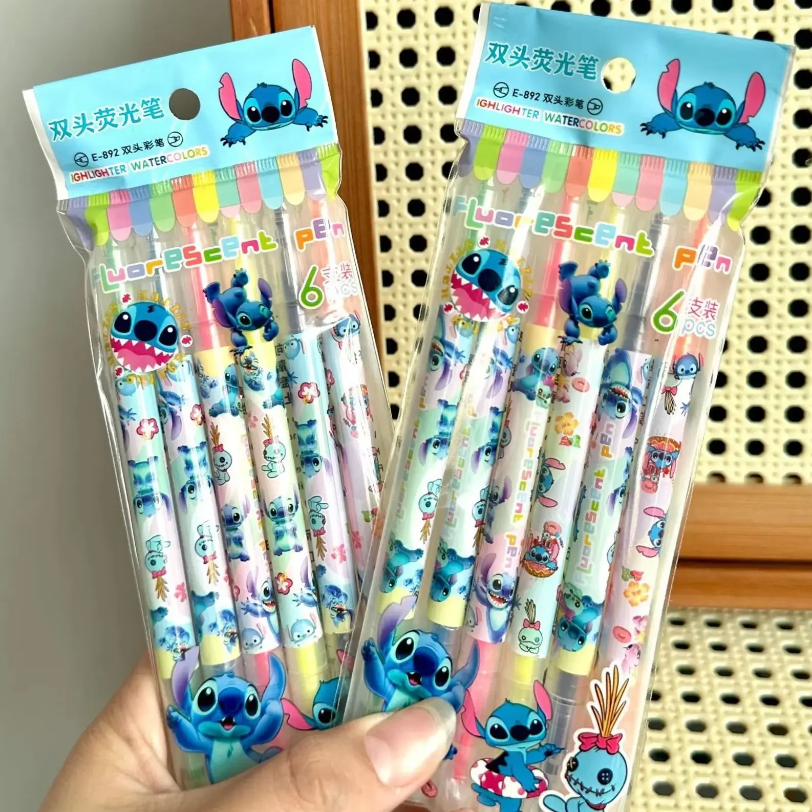 Disney 6pcs/set Anime Stitch Fluorescent Pen Cartoon Double Headed Marking Pen Gift High Beauty Student Stationery