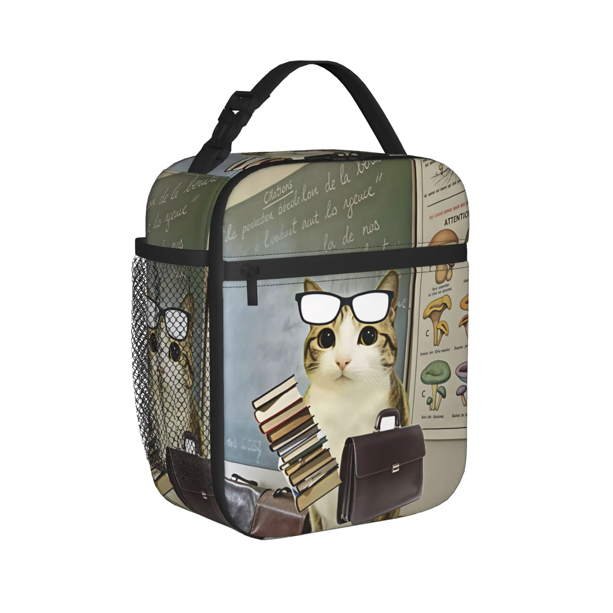 Cat Owl Funny  Lunch Bag  Kawaii Lunch Box Office Portable Tote Food Bags For Men Oxford Print Cooler Bag
