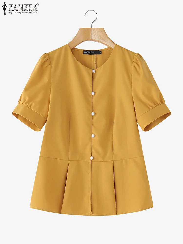 ZANZEA été élégant haut pour femme 2025 mode manches courtes bouffantes boutons travail OL chemises décontracté solide Blouses col rond Korear Blusas