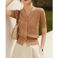 hollow out knit cardigan ice silk short sleeve female summer new air conditioning shirt cotton and linen sunscreen jacket