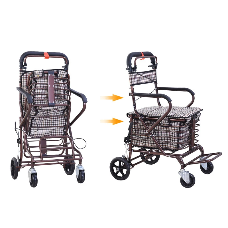 Elderly scooter folding shopping cart seat can sit on four-wheeled trolley