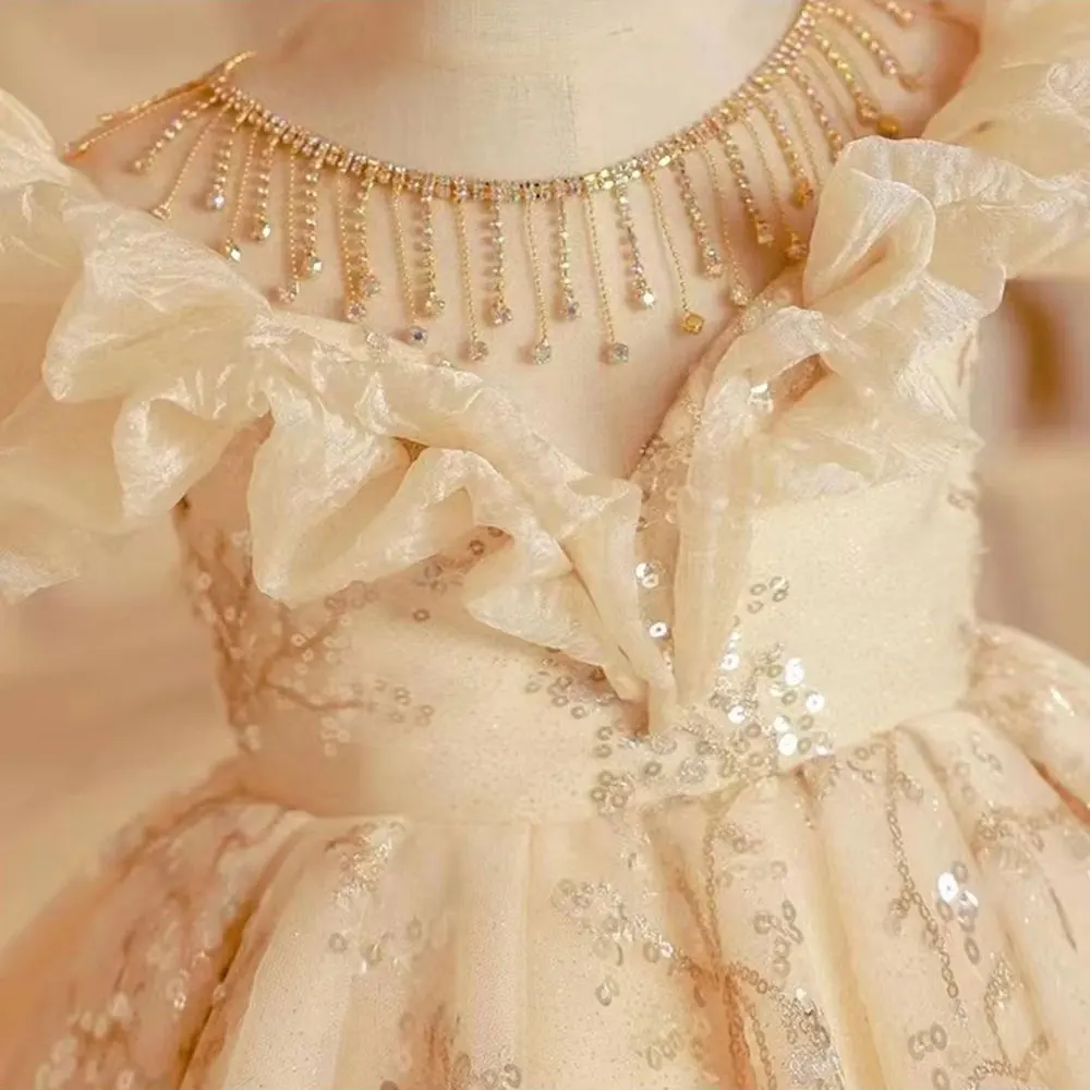 Luksusowa arabska sukienka dla dziewczynki w kolorze beżowym, zdobiona koralikami, Dubaj, dla niemowląt i dzieci, księżniczka, urodziny, wesele, ubrania dla dzieci, 2025 J202
