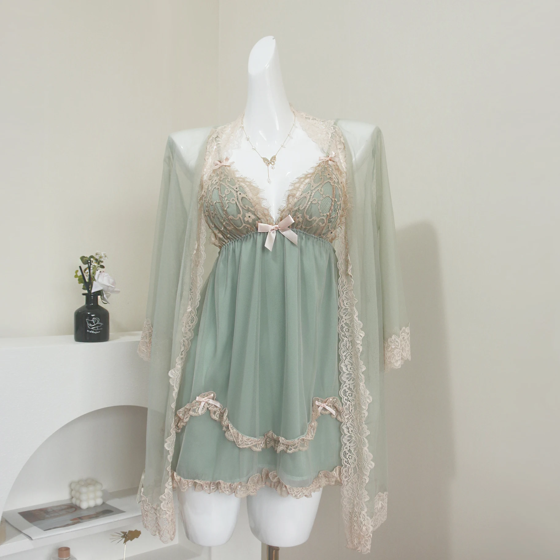 Women's Sexy Bathrobe Set Mesh Solid Lingerie Lace Ladies 2 Pcs Nightdress and Robe V Neck Backless Nighty for Female Sleepwear