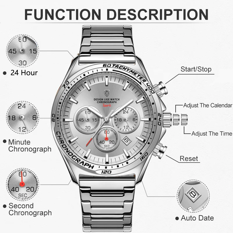 LIGE Luxury Man Wristwatch Waterproof Luminous Chronograph Watch for Men Stainless Steel Men\'s Quartz Watches Reloj Hombre+Box