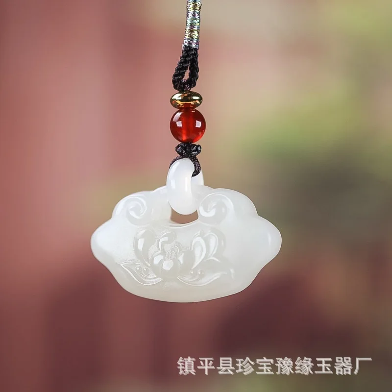 Natural Hetian Ring Sheep Fat White Jade Ruyi Peace Lock Unisex Pendant