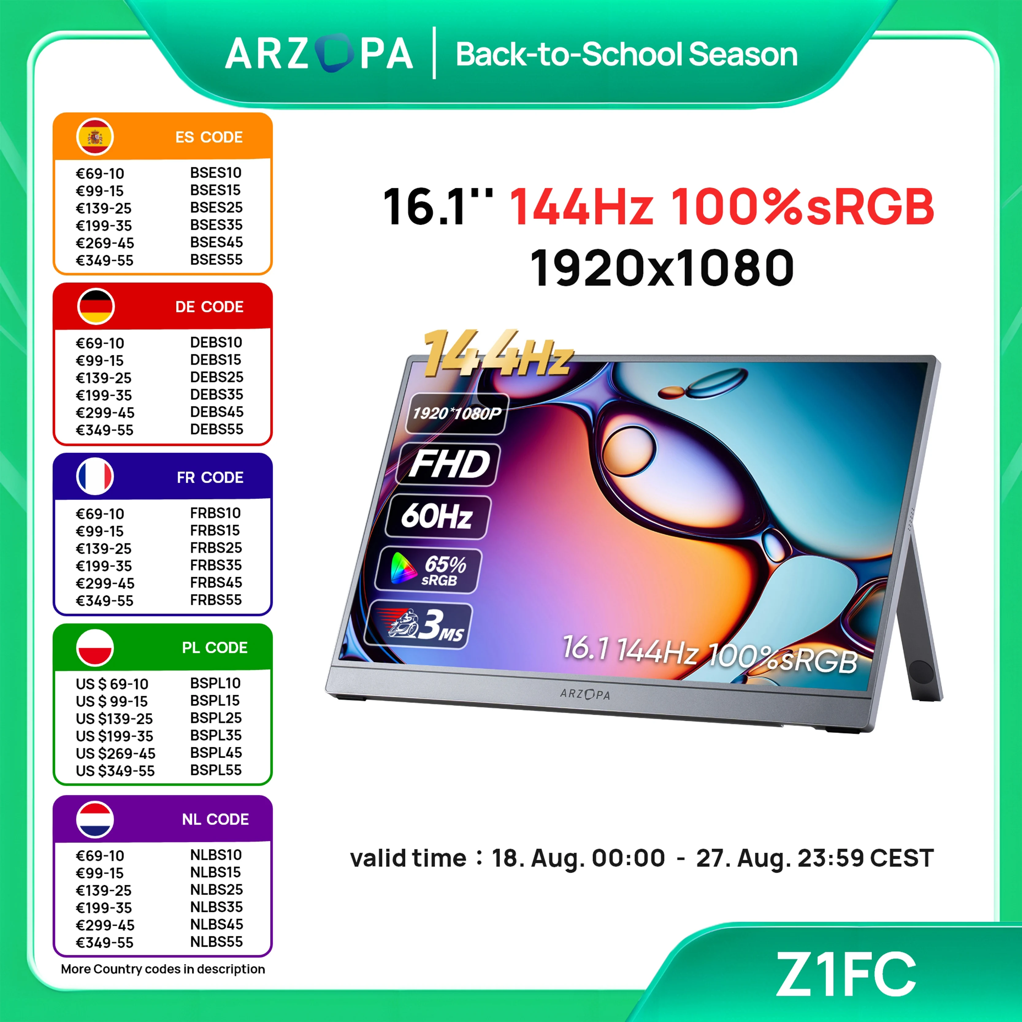 ARZOPA Monitor portatile grigio Z1FC da 16,1 pollici con custodia, 144 Hz, 100% s RGB, 1080P FHD Secondo schermo esterno Schermo IPS