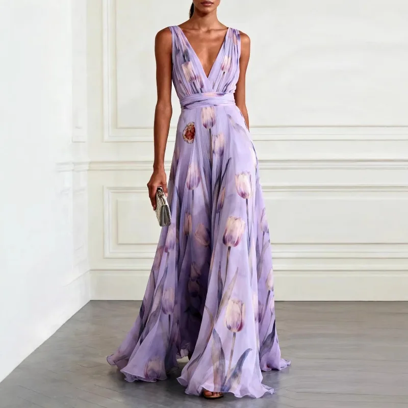 

New Tulip Print Sleeveless Dress V Neck Chiffon Long Evening Gown Elegant Flowy Long Banquet Dress Casual Bohemia Maxi Dresses