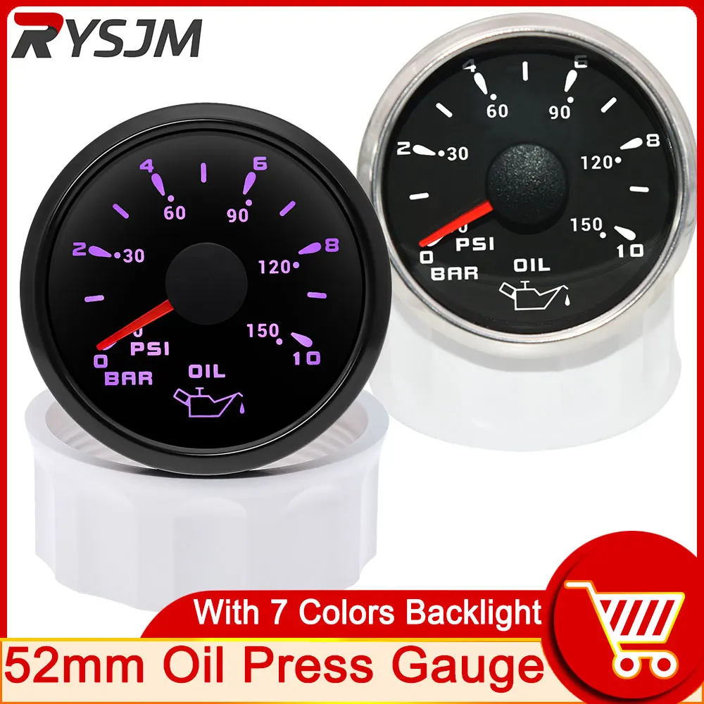 52mm Oil Pressure Gauge 0-10 BAR 0-150 PSI 7 Colors Backlight Oil Pressure Measurement Fuel Pressure Meter Oil Press for Cars