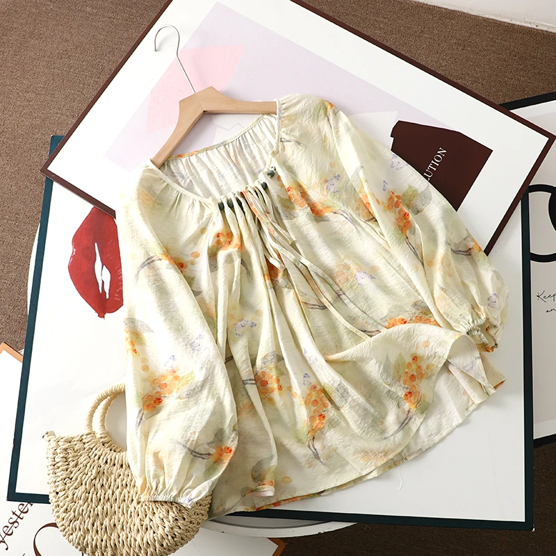 Spring and Summer Chinese National Style Printing Long-sleeved Casual Shirt Loose Drawstring Tie Round Neck Lantern Sleeve Shirt