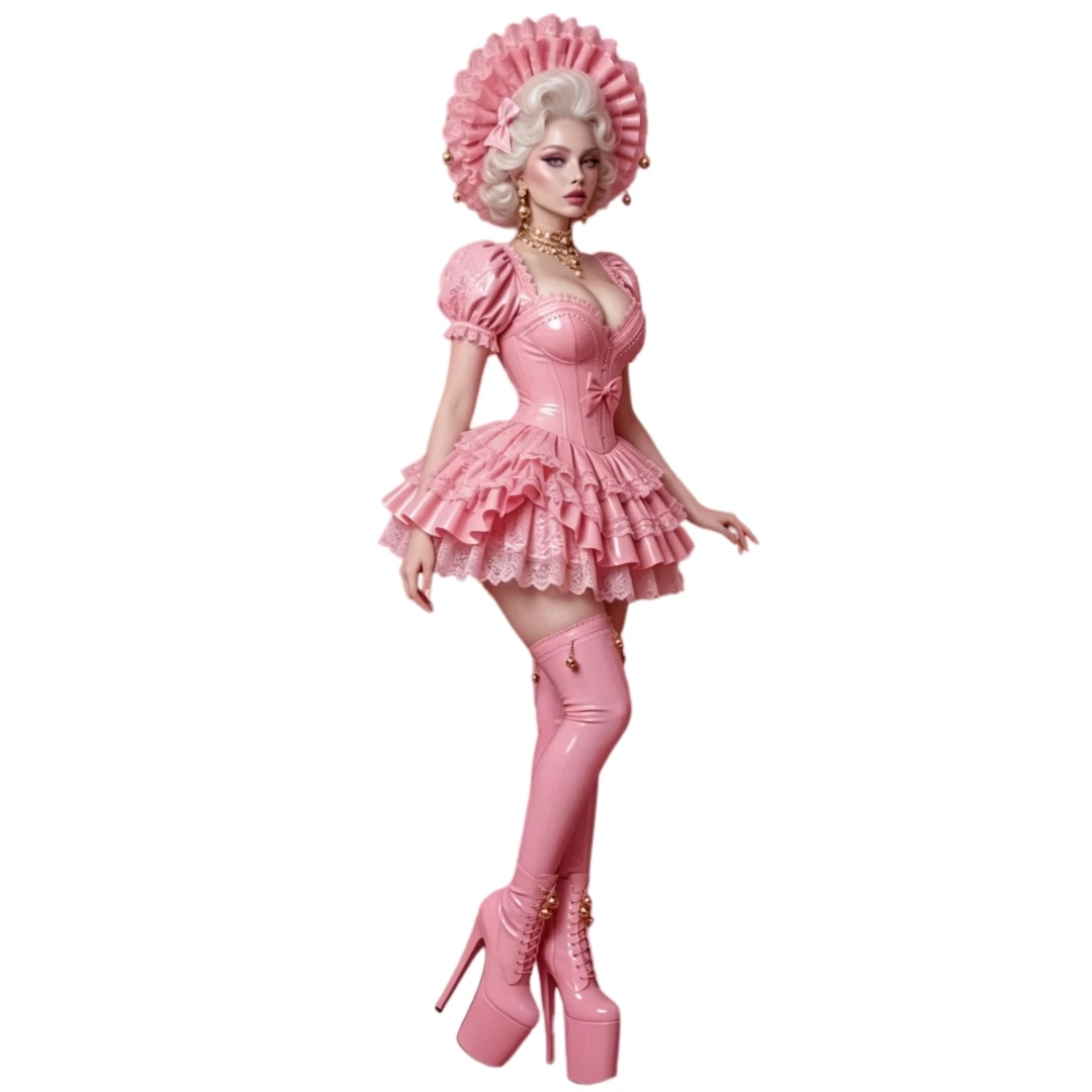 Shiny Pink PVC Mini Prom Dress Lace Trim Puff Sleeve Ruffled Cosplay Party Costume Lolita Special Occasion Wear Customized image 4