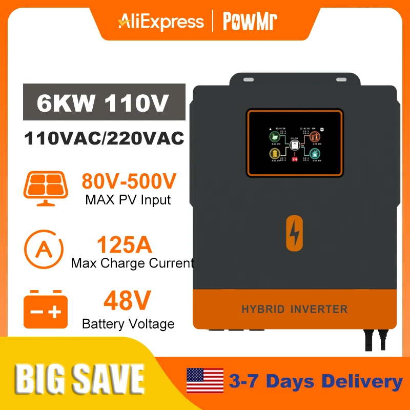 PowMr 6KW Split Phase Inverter 48V 110V or 220V with MPPT 125A Solar Battery Charger RS485 CAN Max PV Array Power 9KW(4.5KW*2)
