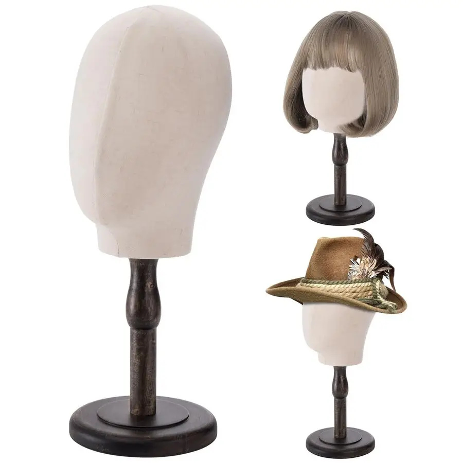 

21 Inch Mannequin Head, Canvas Wig Stand with Head, Linen Dome Model Head with Detachable Wood Stand for Hats, Caps, Headdress,