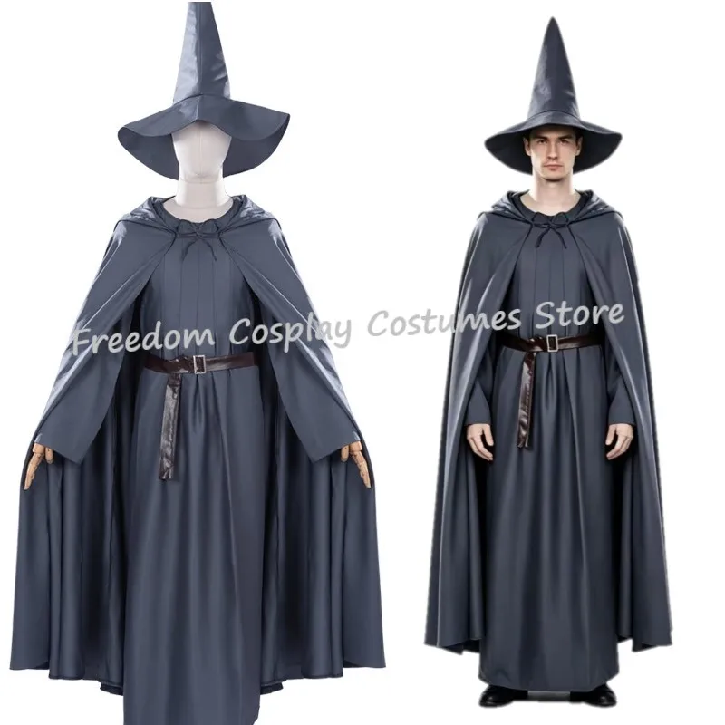 Grey Wizard Cosplay Costume for Adult Men Medieval Robe Cape with Pointed Hat Belt Halloween Party Outfit