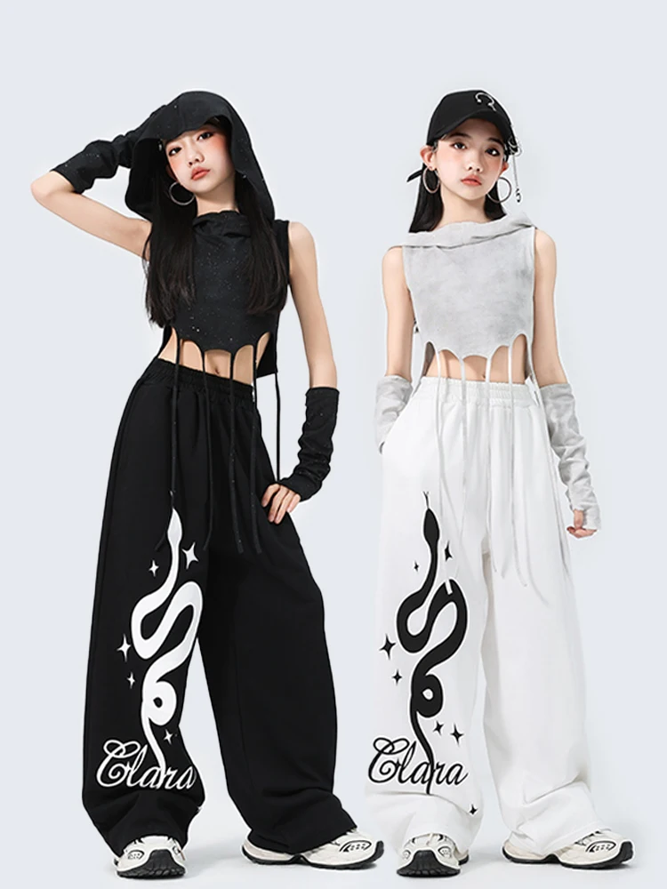 

2025 Children Hip Hop Dance Costumes For Girls Hooded Top Loose Pants Street Dance Wear Jazz Performance Stage Outfits DQS19067