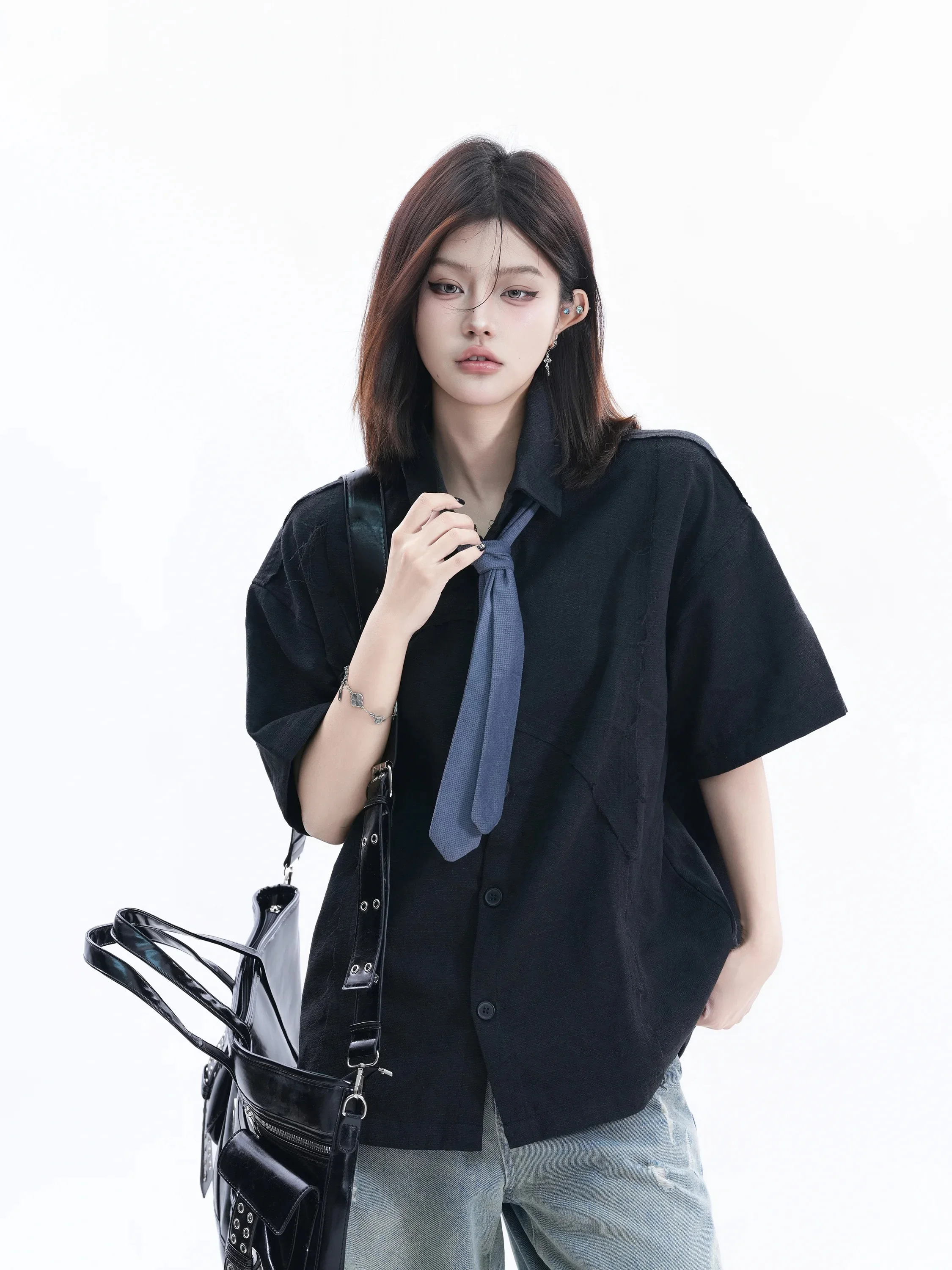 

Retro American Short Sleeve Shirt Women Summer Tie Design Couple's Shirt T-Shirt Small Ball Ball Polyester Fiber Loose Fit