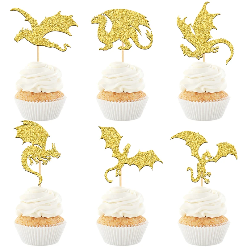 YOMDID 24 Stück Glitzer-Flugdrachen-Kuchenaufsätze, Drachen-Dinosaurier-Cupcake-Topper für Babyparty-Geburtstagstorten-Dekorationen – Detail 7