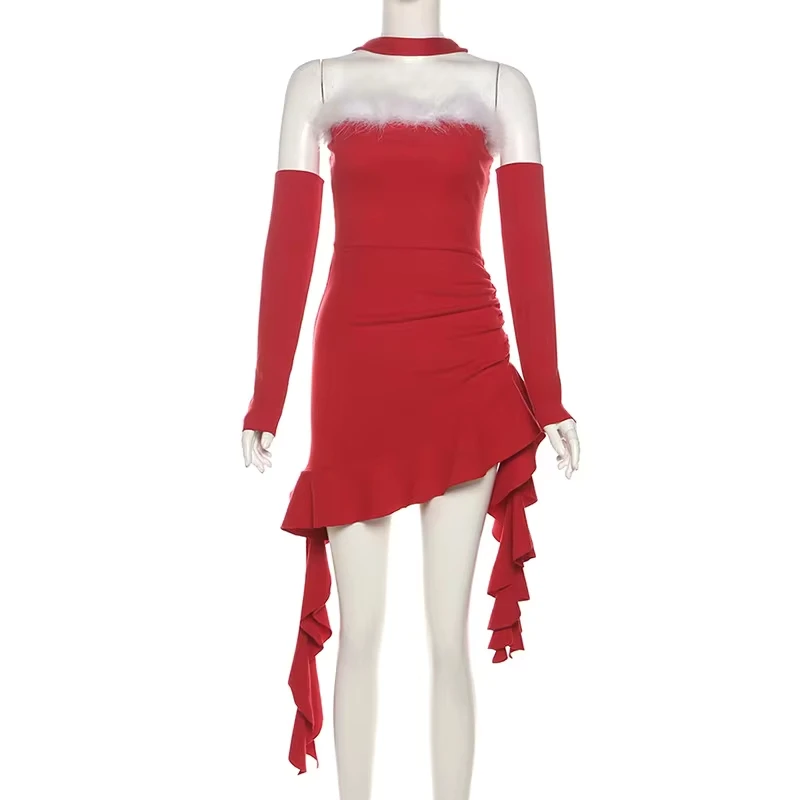 

Goth Dark Fairycore Patchwork Halter Dress Chic Christmas Party Gown Y2K Trim Ruffle A-line Mini Dresses Women Partywear