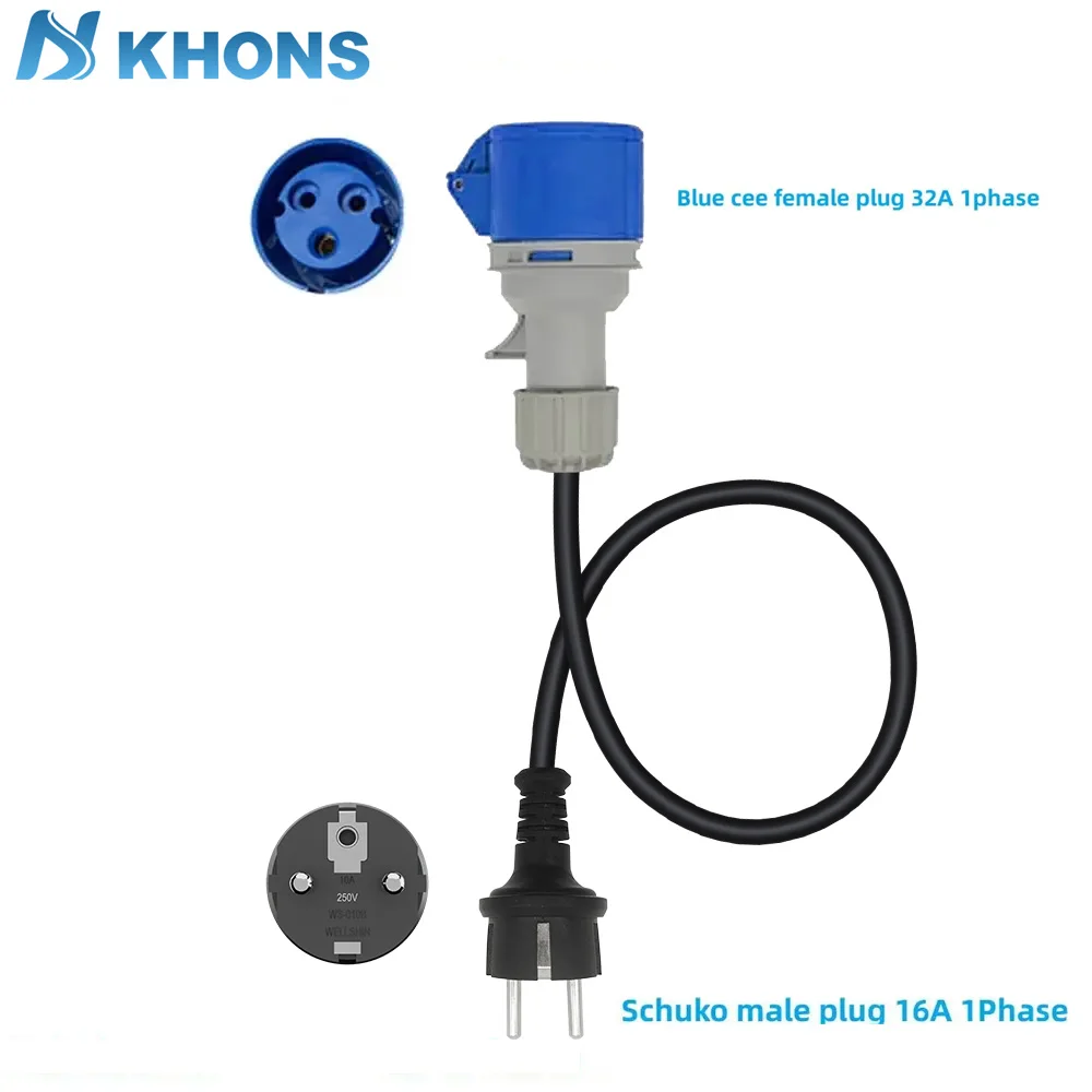 Khons EV Portable Charger Schuko Plug To CEE Blue Power Female Plug Socket Adapter Blue CEE Connect With 32A 1Phase To 16A