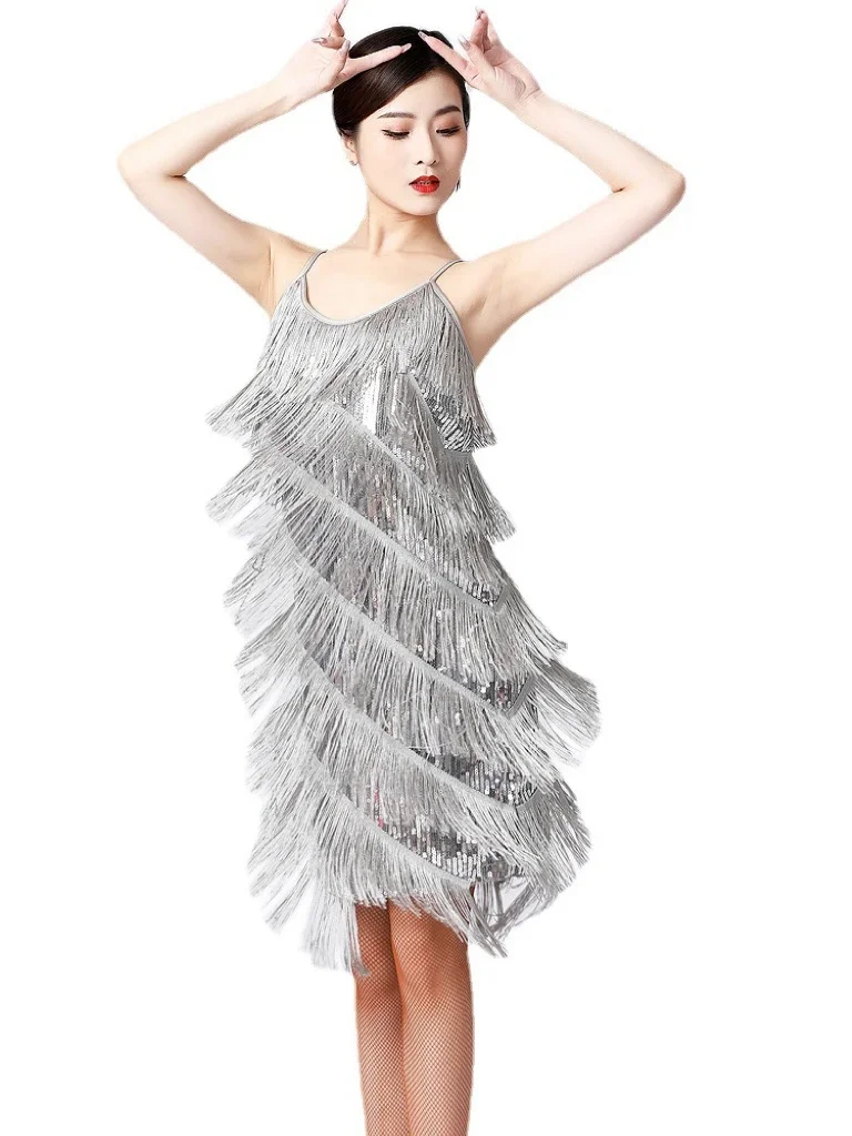Pailletten Fransen Latin Tanz kleid Kleidung Frauen Quaste Latin Party Cocktail kleid Tango Rumba Ballsaal Tanz Performance Kostüm