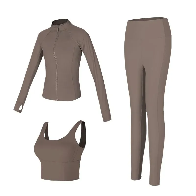 Autumn/Winter Three Piece Yoga Suit for Women High Grade Tight Quick Drying Long Sleeve Running Sports Top Fitness Set for Women