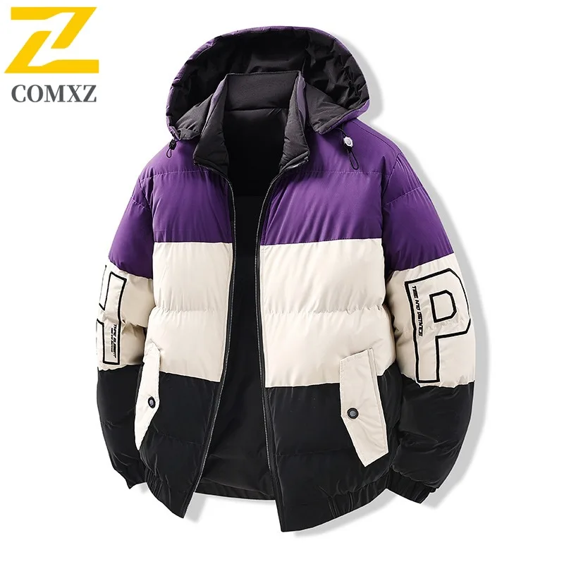 COMXZ 2025 Reversible Color Block Jacket Thickened Hooded Winter Waterproof Windproof Outdoor Sports Warm Tactics cotton-padded