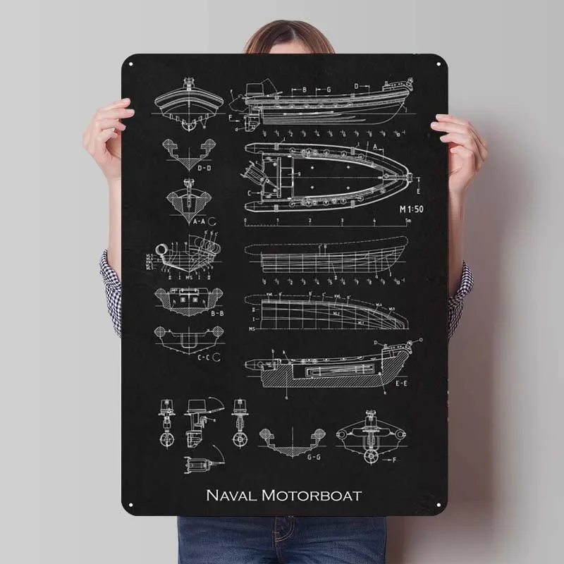 Naval Motorboat Blueprint Metal Poster Home Decoration Luxury Retro Metal Tin Sign Plaque for Wall Art Decoration Outdoor Decors