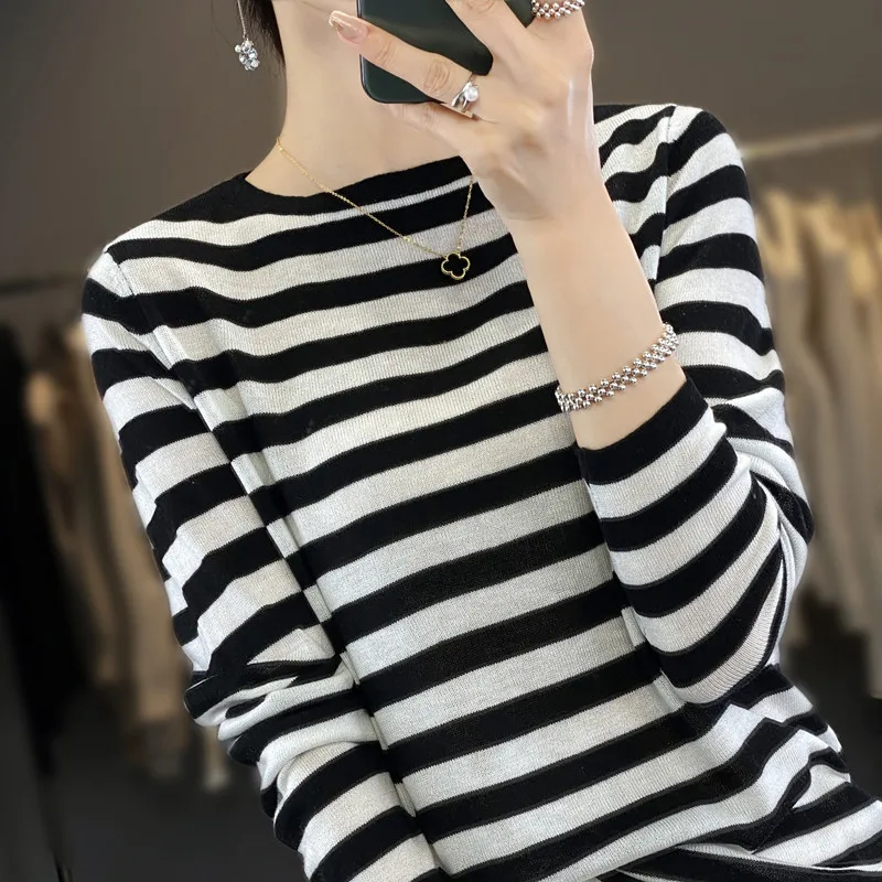 2023 New Cashmere Striped Sweater Women Loose Long Sleeve   Autumn and Winter Cashmere Striped Sweater Women