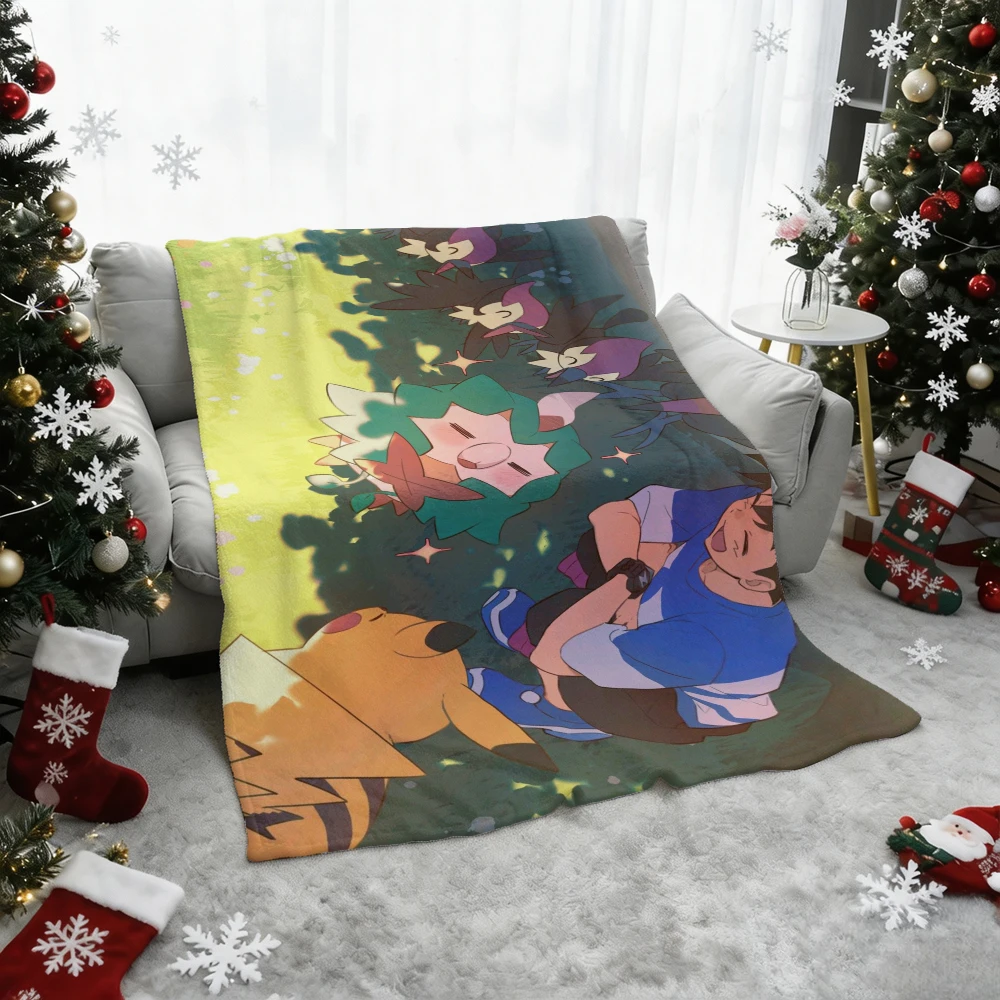 Pokemon Ash Pikachu Flannel Throw Blanket Soft Warm Lightweight Blanket for Sofa Bed Home Anime Gift