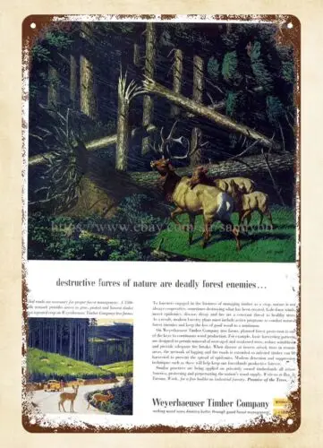 1957 destructive forces of nature, Weyerhaeuser Company, reindeer metal tin sign