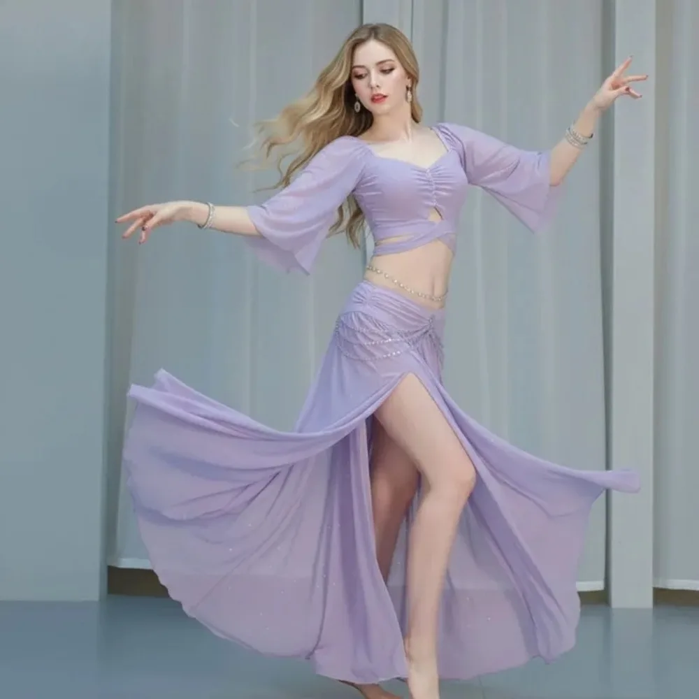 

Одежда для практики танца живота 2025 года — трупа для восточных танцев и сценическая одежда для похудения с блестящей сеткой для выступлений