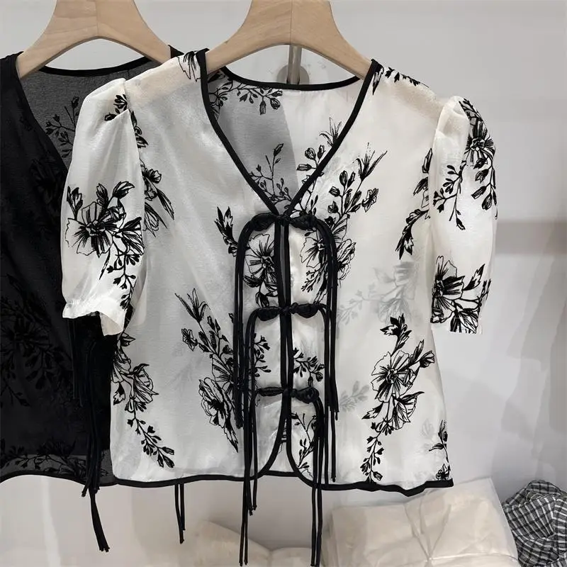 Shirts Women Temper Vintage Crop Tops Printing Chinese Style Casual Summer Elegant Fashion Clothing Streetwear Puff Sleeve Chic