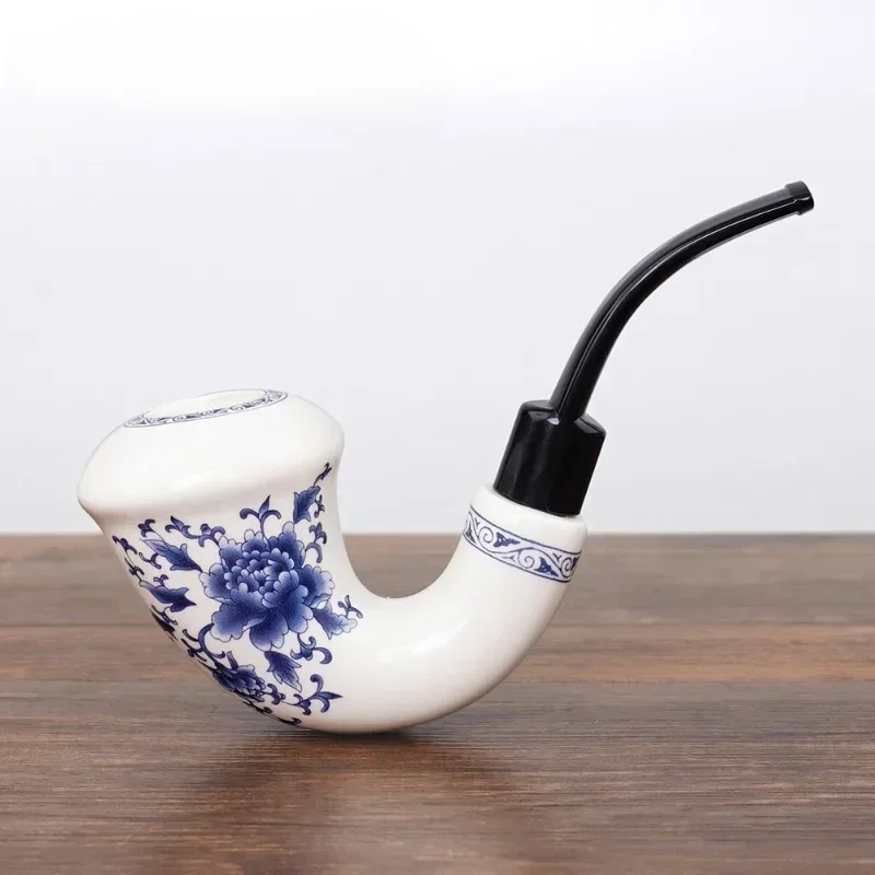 Hot selling 142mm blue and white porcelain elbow ceramic pipe with hollow design lightweight and not too hot to handle