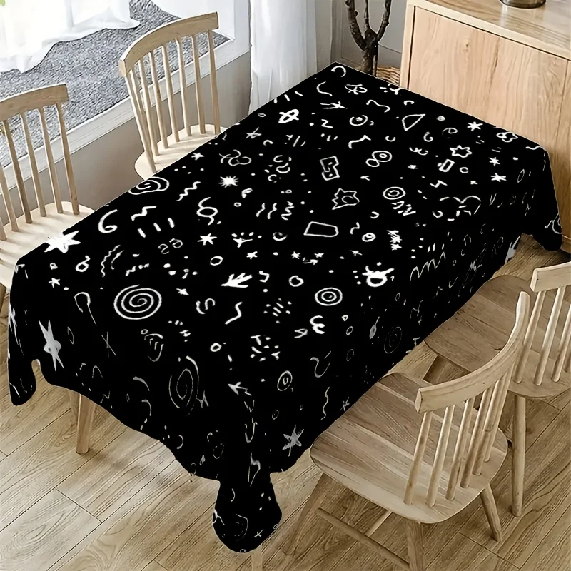 Abstract Line Tablecloth, Black Base With Hand Drawn Doodle Pattern,Rectangular Table Cover for Art Party Tabletop Display Decor