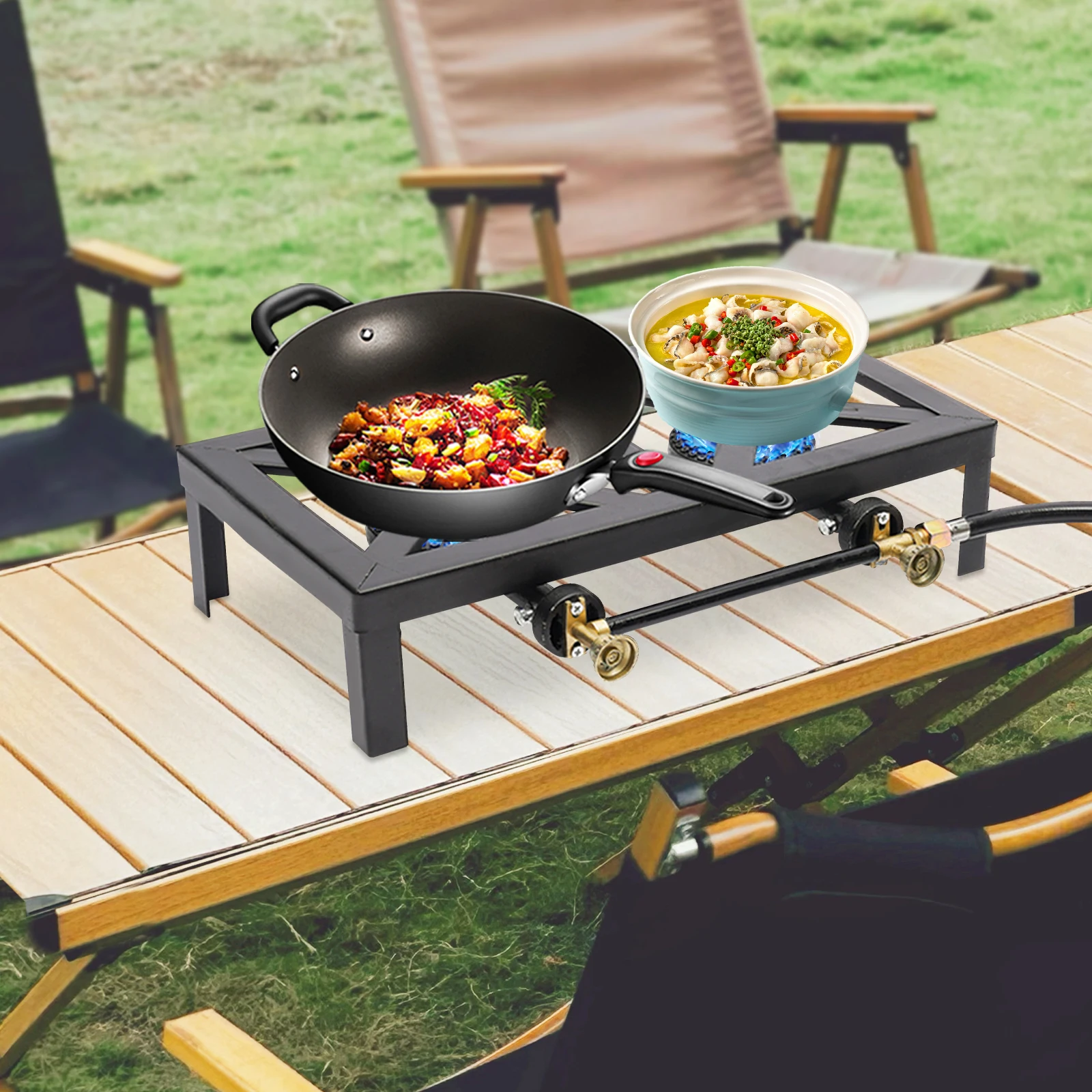 

Dual-burner Camping Gas Stove 8000W Outdoor Cooker Gas Powered BBQ Camping Picnic Accessory