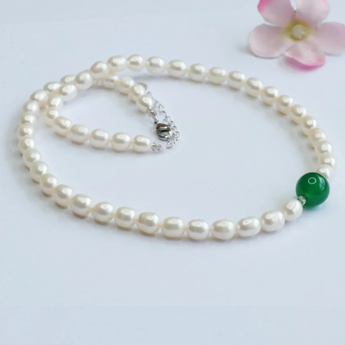 

6-7MM Natural Freshwater Pearl Rice Shape Necklace With 8mm Round Green Chalcedony Jewelry Making Design Women Gifts for Mother