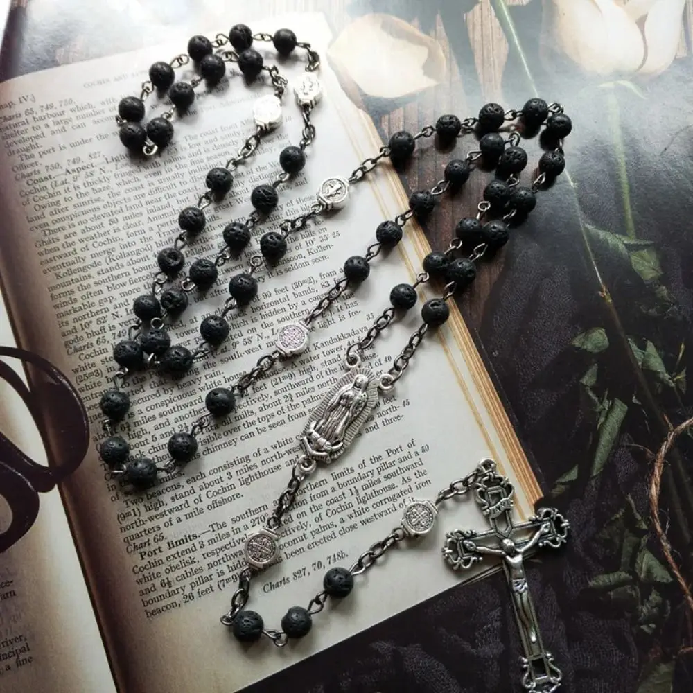 Volcanic Stone Cross Chain Vintage Catholic Black Gallstone Rosary Necklace Our Lady Durable Crucifix Pendant Chain