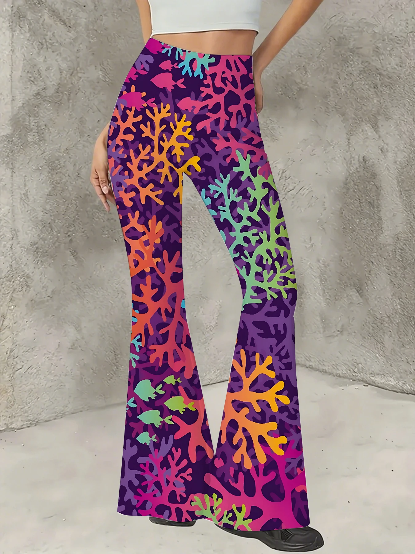 

Korean Style Printed Flare Pants Women High Waist Slim Fit Bell Bottom Leggings